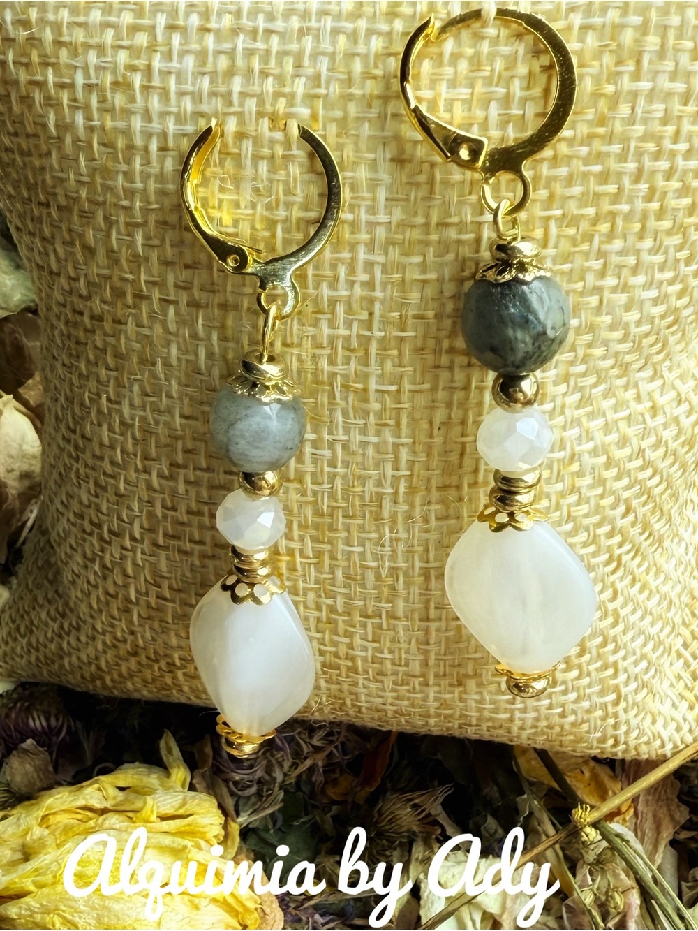 Fall essentials Gold, White and Gray labradorite Beaded Dangle Earrings